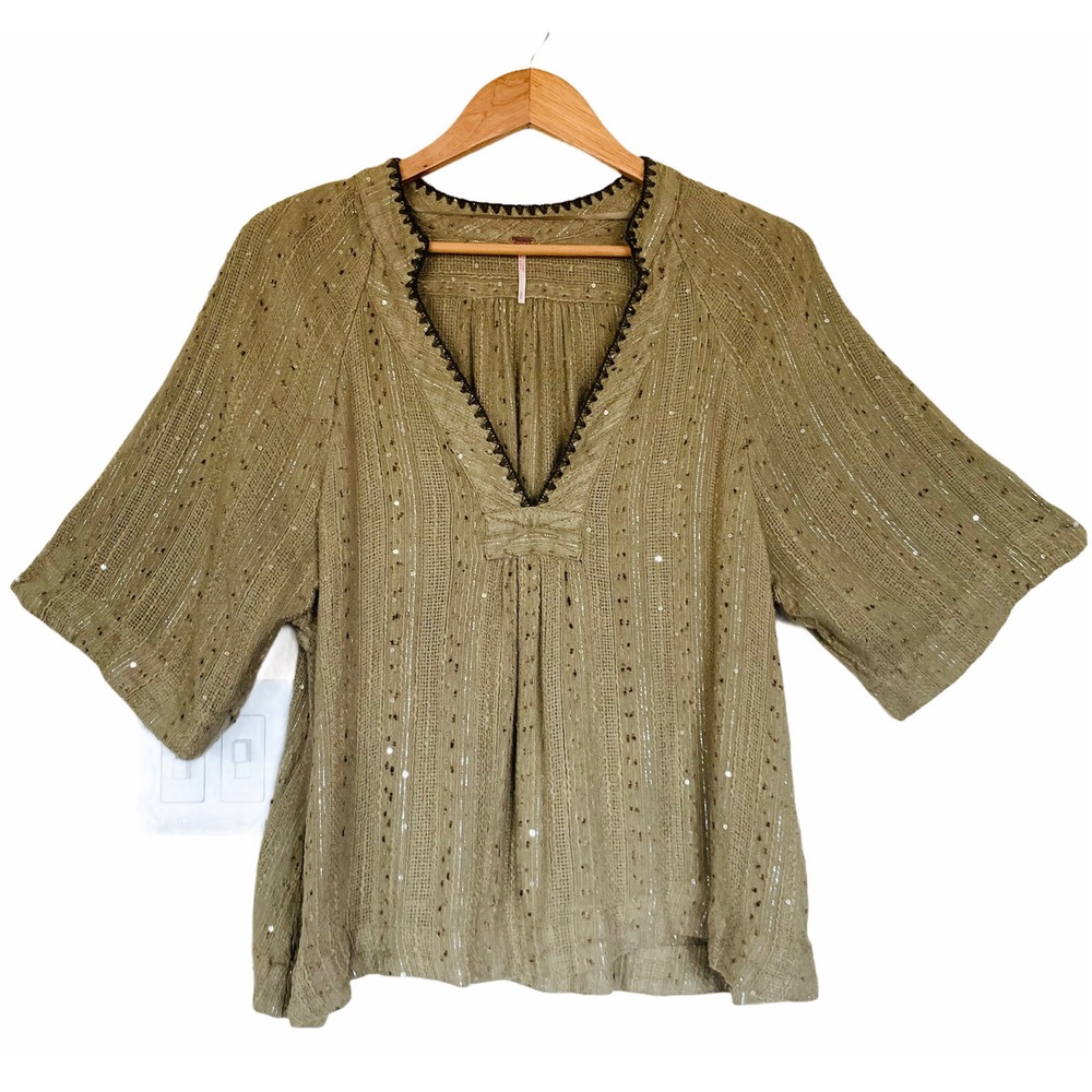 Free People Size S Get Over It Blouse Green Metallic Oversized V Neck OB559432